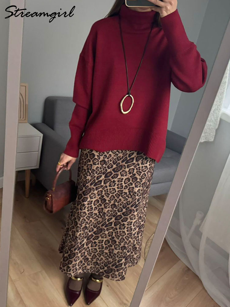 Hiver bordeaux pull femmes col roulé chaud pulls hauts en tricot marron pulls femmes surdimensionné épais basique femmes chandails