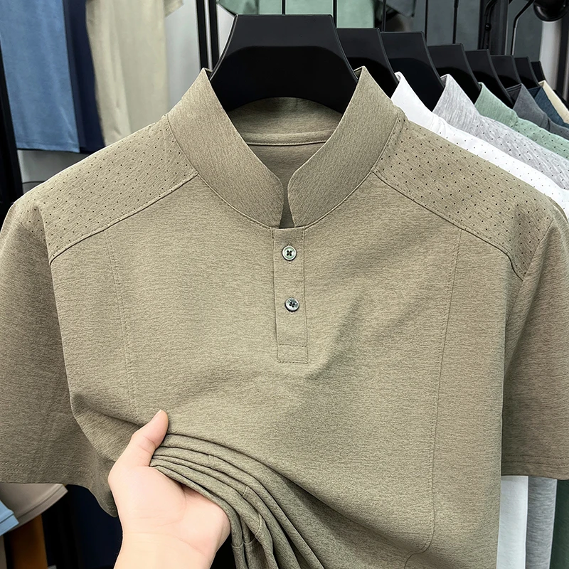 Chemises Polo Décontractées pour Hommes à Col Montant, Deux Boutons, Style Henley, Manches Raglan, Épaules Aérées, Douces et Confortables pour la Peau, Manches Courtes