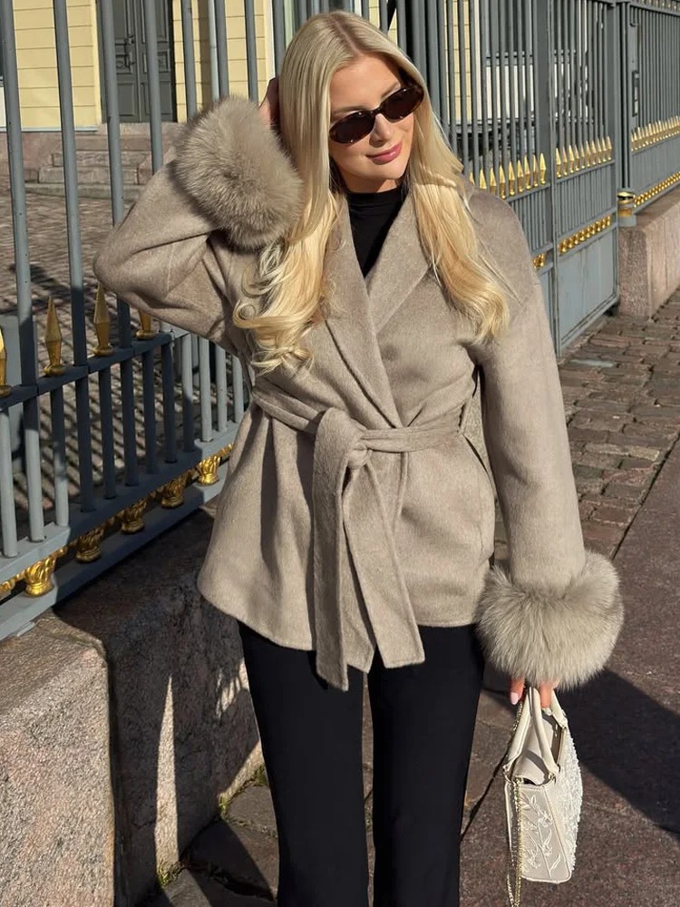 Manteau en laine double face pour femme, mélange de laine, long, élégant, ceinturé, chaud pour l'hiver, pour le bureau, en fourrure naturelle, vêtement d'extérieur