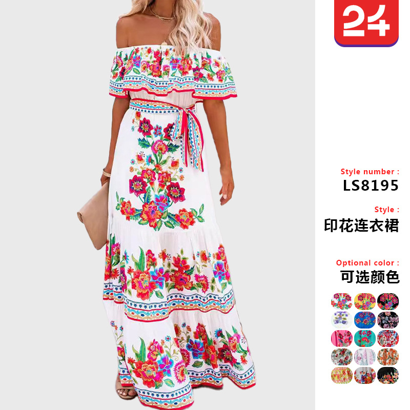 Wein femme fleur coloré une épaule rouge imprimé fleuri robe Maxi femme jupe d'été dame loisirs robes vêtements vêtements de mer