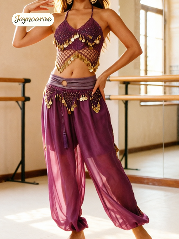Ensemble de danse indienne Bollywood pour femmes JAYNOARAE, comprenant un soutien-gorge à paillettes scintillantes et un pantalon sarouel à jambes évasées.
