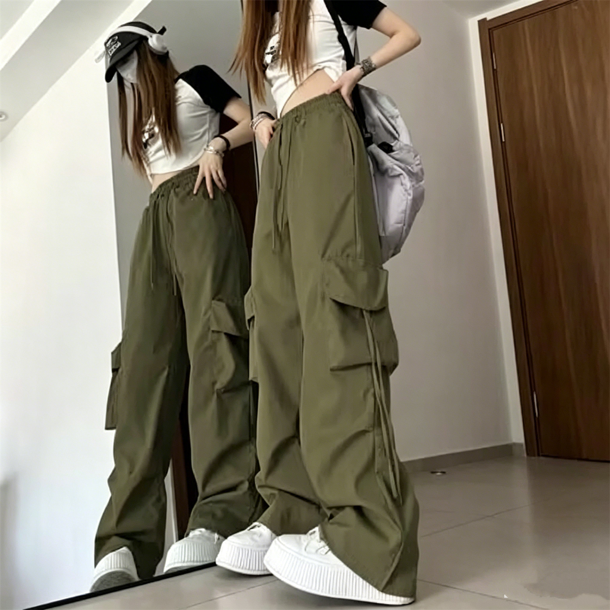 Pantalon cargo vintage pour femme, taille élastique, poches, coupe large, style Y2K, streetwear américain