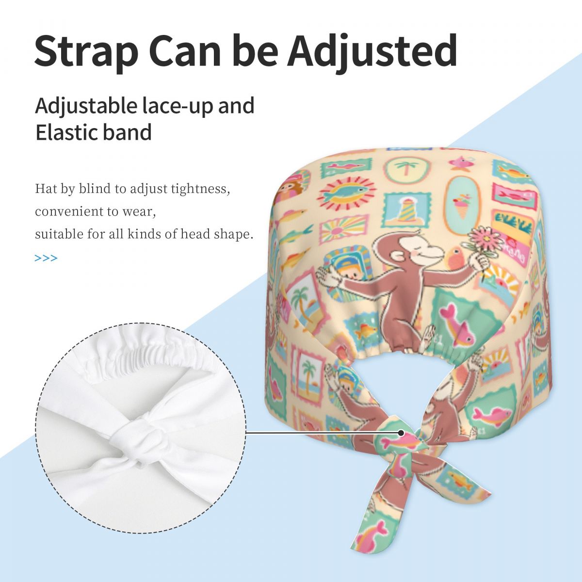 Casquette de travail pour femmes et hommes, chapeaux d'infirmière à motif singe Curious George, casquettes ajustables, chapeau médical décontracté pour cheveux longs