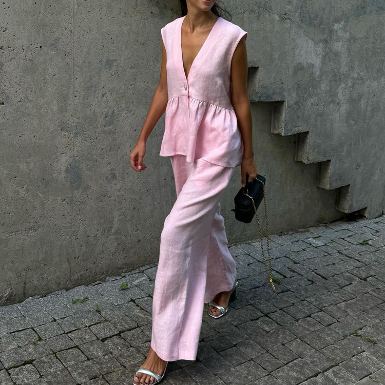 Ensembles 2 pièces pour femmes 2026 – Haut sans manches en coton à col en V + Pantalon long – Nouveaux ensembles deux pièces de couleur unie – Vêtements pour femmes