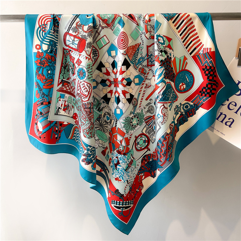 Foulard de luxe en Imitation soie pour femmes, écharpe carrée en Satin imprimé Colorblock, châle en sergé, Hijab