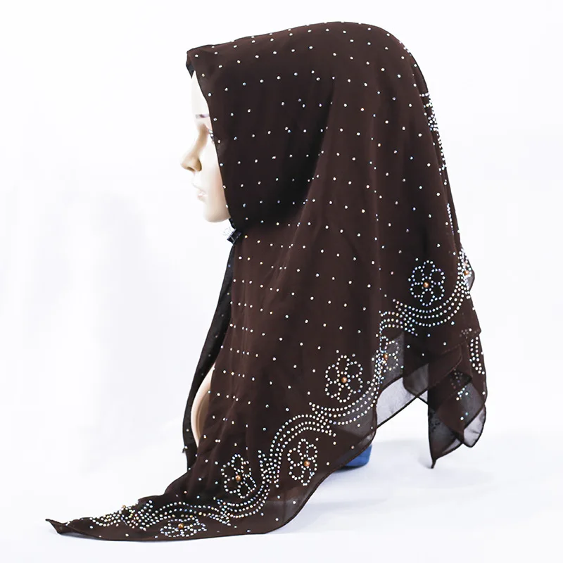 Foulard Carré Musulman Turc de Grande Taille pour Femme, Hijab en Mousseline de Soie Perlée, Châle Uni de Haute Qualité avec Strass Colorés