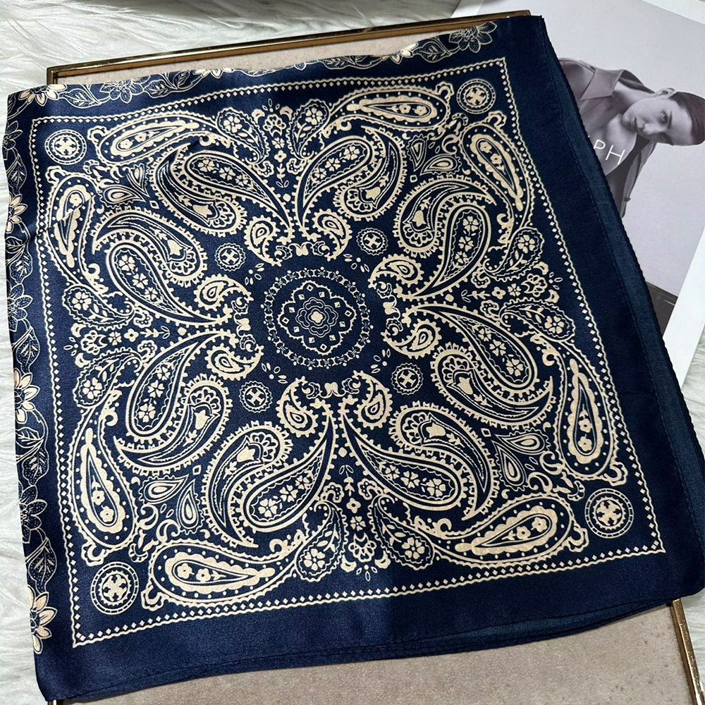 Foulard carré rétro en soie bleu marine, foulard pour femmes et hommes, Design Plaisley élégant, 100% foulards carrés en soie, foulards de cou 65cm x 65cm
