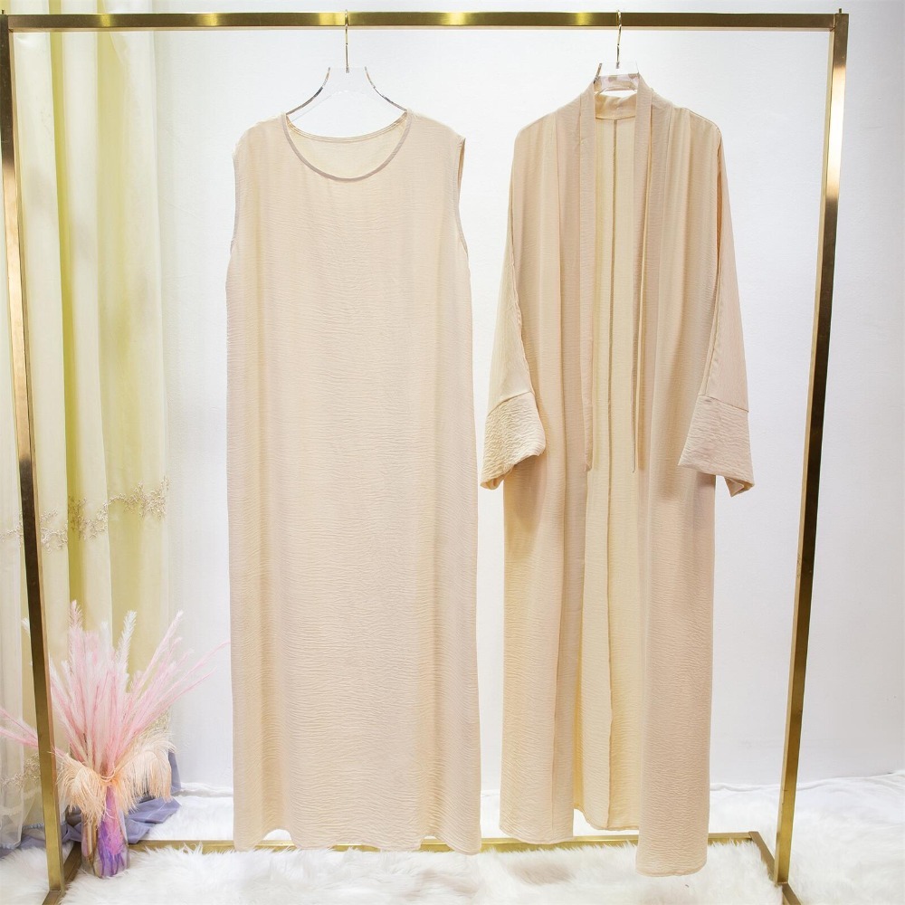 2 photos ensembles musulmans Jilbab musulman deux pièces femmes Abaya Cardigan ample manteau sans manches robe intérieure vêtements de prière avec ceinture