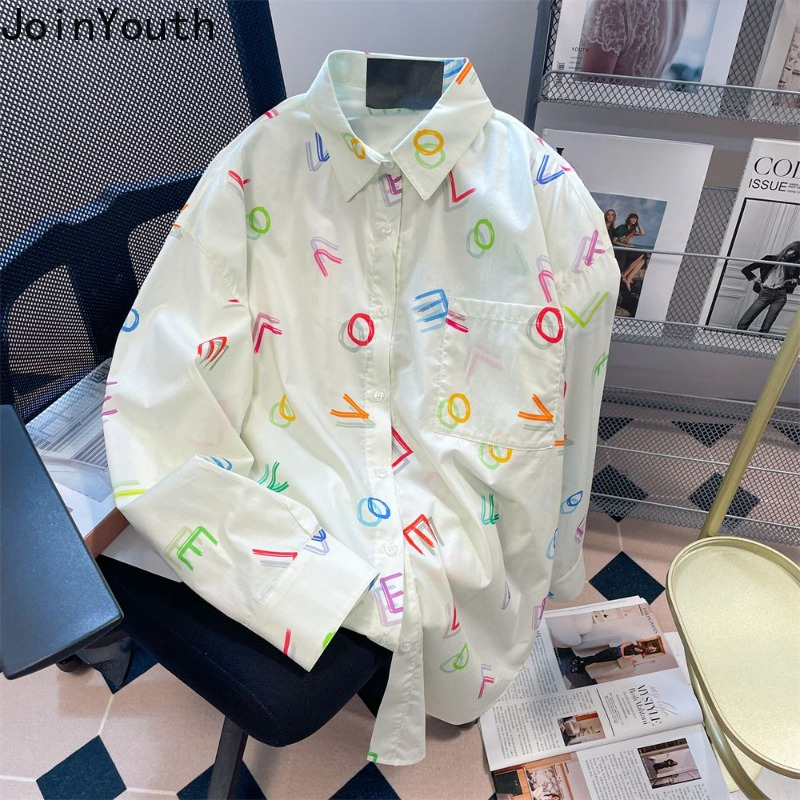 Chemisier à manches longues imprimé lettre pour femmes, chemises vintage, vêtements décontractés, mode coréenne, 2025