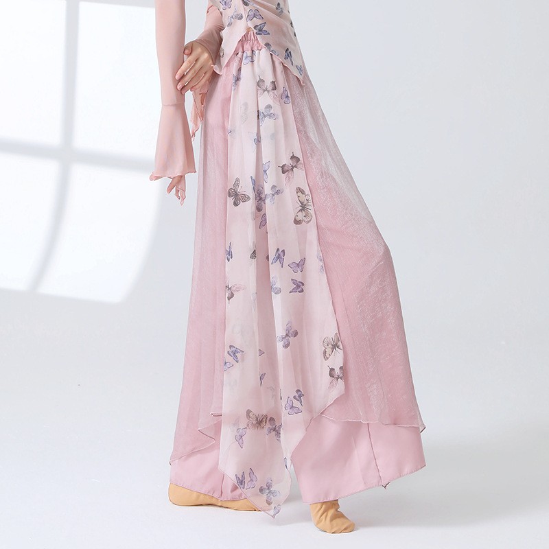 Pantalon de danse 2 couches pour femmes, jupe-culotte en mousseline de soie imprimée, jupe fluide, ample, jambes larges, moderne, Hanfu, vêtements d'entraînement élégants
