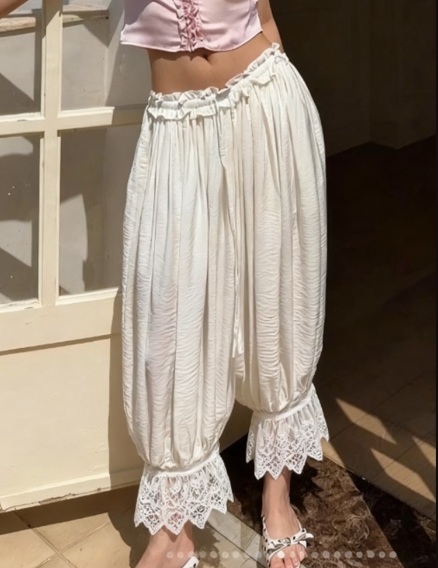 Pantalon court esthétique pour femme, chic, ample, à jambes larges, taille haute, en dentelle, style lanterne, décontracté, streetwear