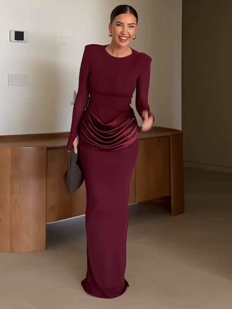 Robe de soirée froncée pour femmes, Sexy, élégante, Slim, col rond, taille cintrée, Maxi, hiver, 2025
