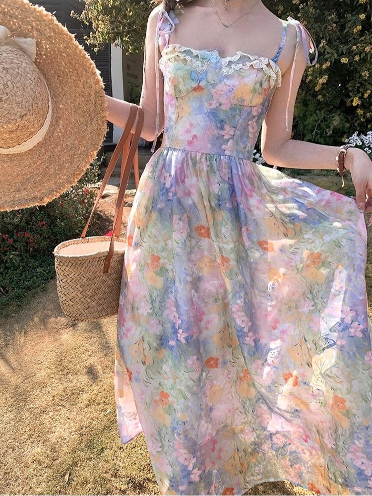 Français élégant robe à bretelles florales femmes doux Style de plage mode coréenne vêtements soirée Vintage robe mi-longue soirée