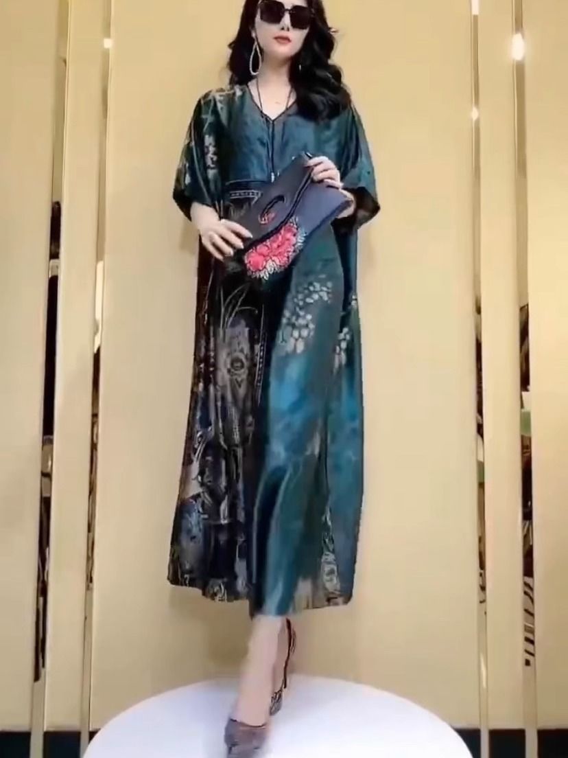 Robe d'été en soie de mûrier grande taille haut de gamme, élégante, col en V, style rétro, vert, pour femme