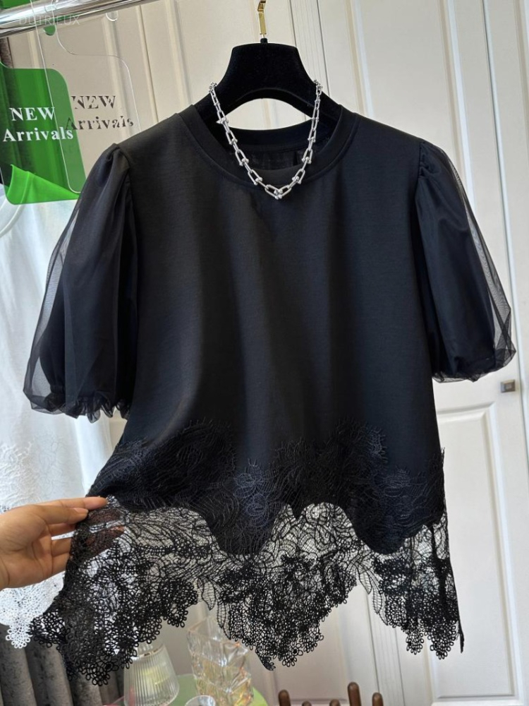 Blanc femme t-shirts mode irrégulière t-shirts surdimensionné hauts col rond manches courtes Patchwork dentelle T-shirt été coréen Camisetas