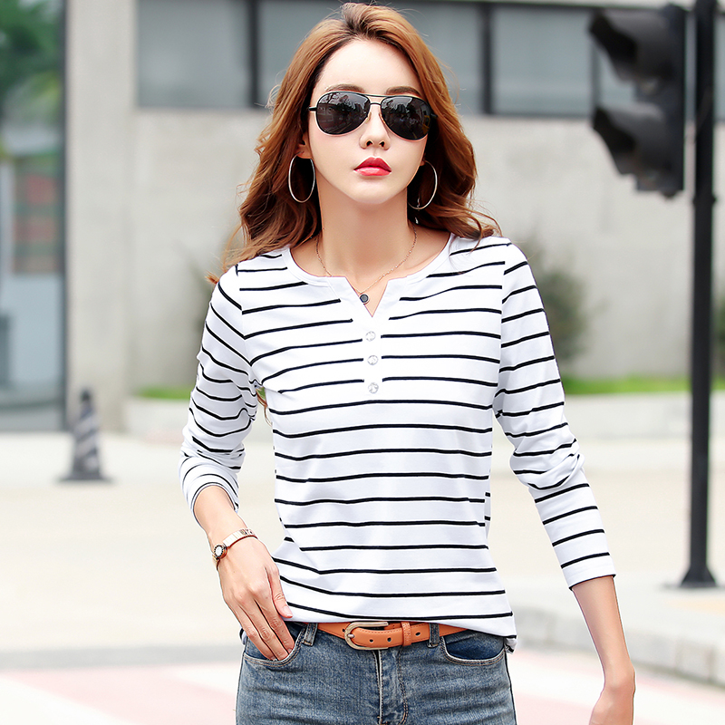 T-Shirt en coton femmes à manches longues rayé T-Shirt mode 2023 printemps automne femme vêtements haut T-Shirt dame col en v hauts 7215