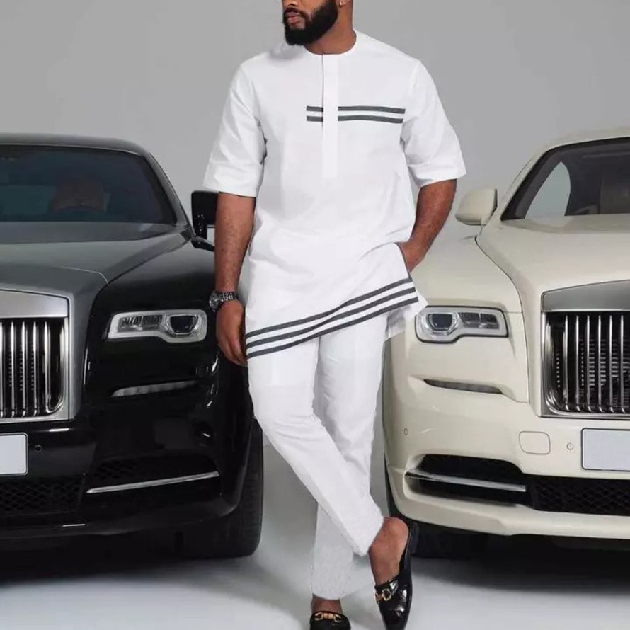 Kaftan d'été pour hommes, olympiques à manches courtes, haut et pantalon solides, mariage ethnique africain, tenue décontractée Dashiki, ensembles de mode pour hommes, 2 pièces