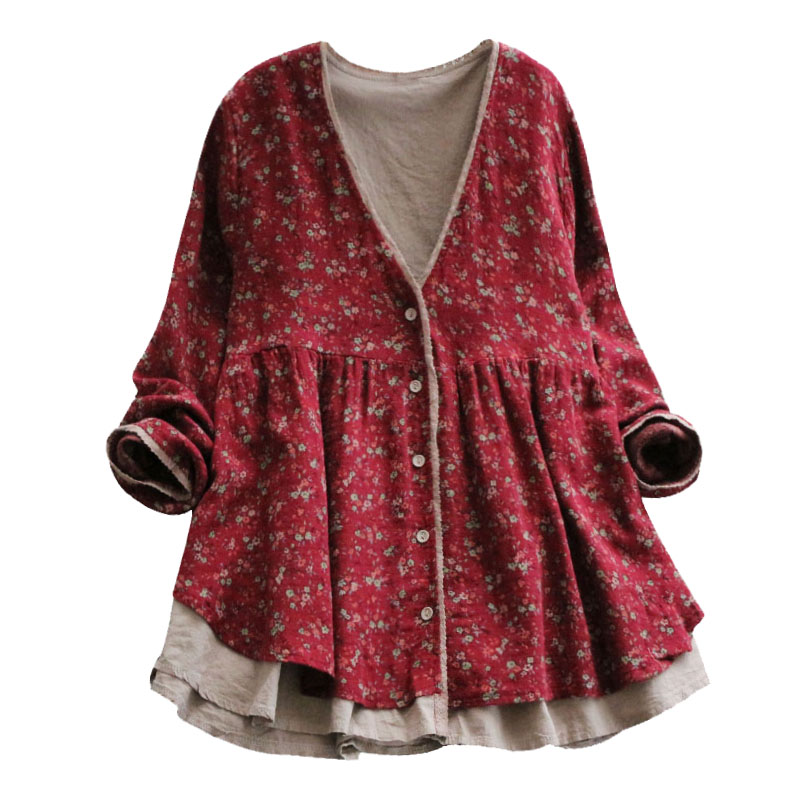 Nouvelle Blouse Femme Automne Manches Longues Coton Lin Imprimé Floral Rétro Japonais Vintage Col V Dentelle Chemise 2022