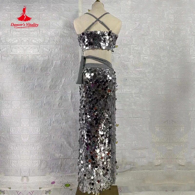 Costume de brevdu Ventre pour Femme, Vêtement de brev, Grand Soutien-Gorge à Paillettes, Haut + Jupe Longue Fendue, 2 Pièces