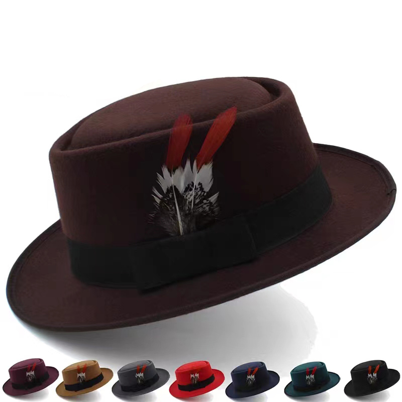 Chapeaux de Porkhelicopter en plumes pour hommes, Fedora noir solide, chapeaux d'affaires vintage, Gentleman Fashion, At Brero Hombre Chapeu Mascul37Show