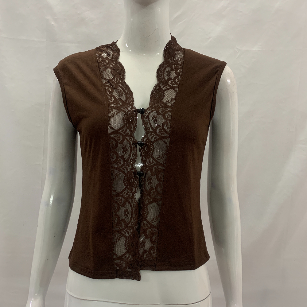 Chemisier Noir Décontracté pour Femme, Col en V Profond, Manches Courtes, Bordure en Dentelle, Fermeture à Crochets sur le Devant, Froncé, Coupe Ajustée, Style Y2K Coquette Gothique Streetwear Élégant