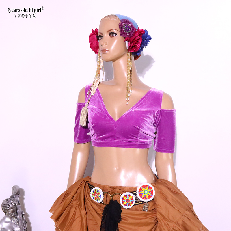 Costume de danse du ventre en velours Tribal Choli, haut à manches courtes pour femmes CJJ56