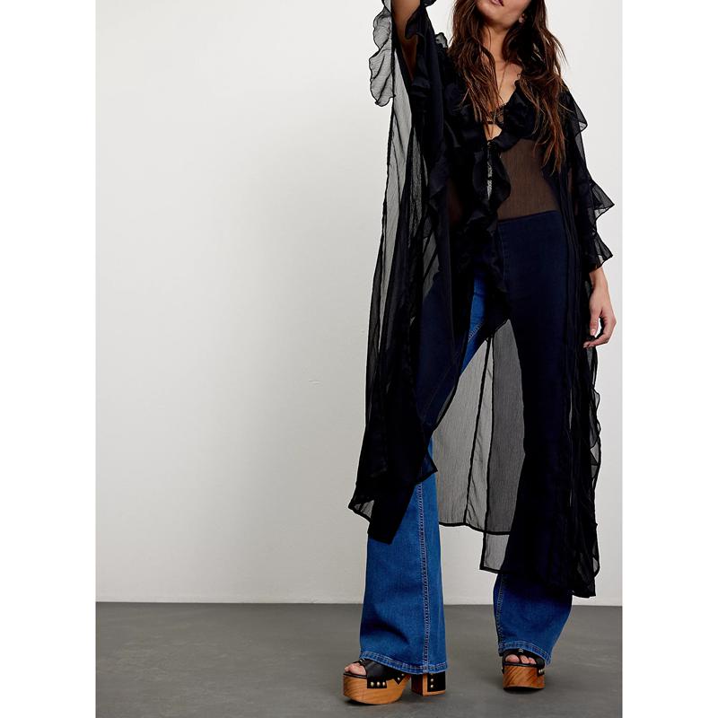 COmbhasaki femmes été Boho maillots de bain transparent Cardigan à volants garniture col en v boutonné fendu couverture longue chemise robe