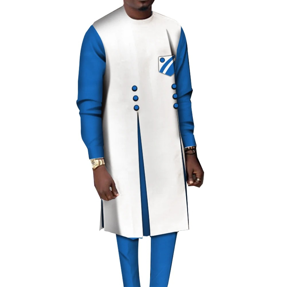 Ensemble 2 pièces en coton pour hommes, vêtements africains décontractés, chemise haute et pantalon, patchwork, WYN1068