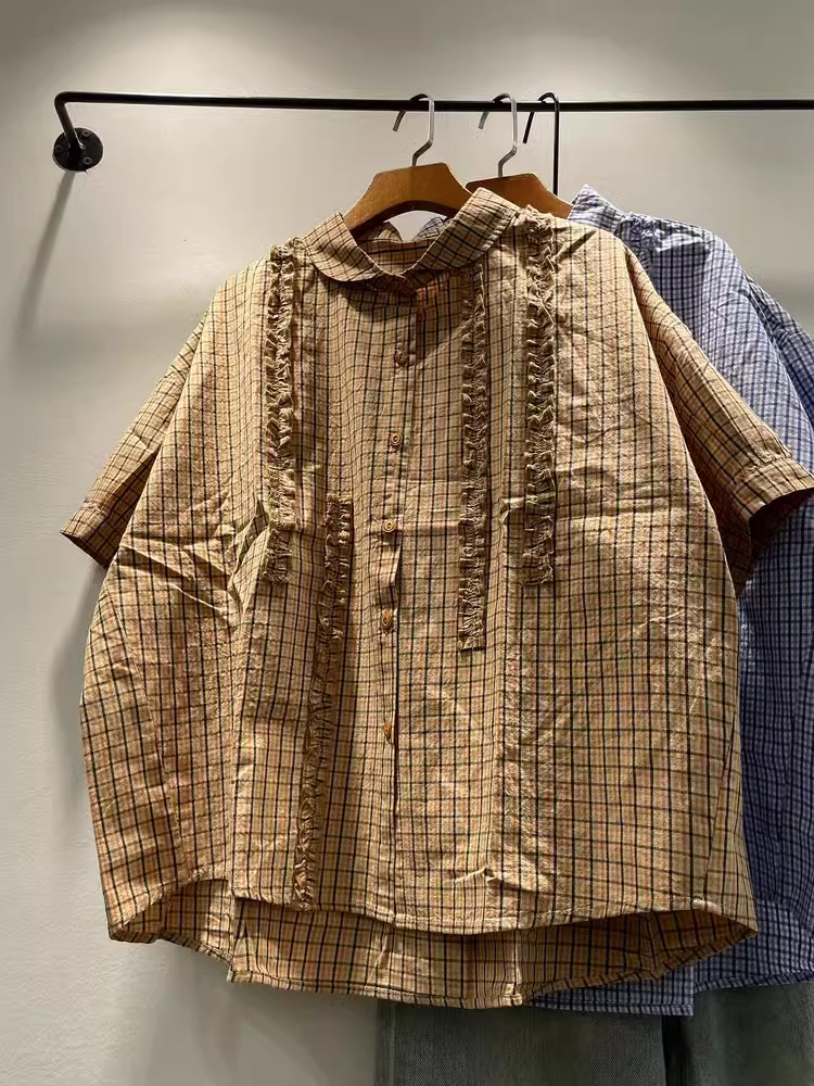 Buste 136 cm vêtements d'été grande taille hauts coton à volants chemises à carreaux bleus chemisiers à manches courtes vêtements pour femmes de style coréen