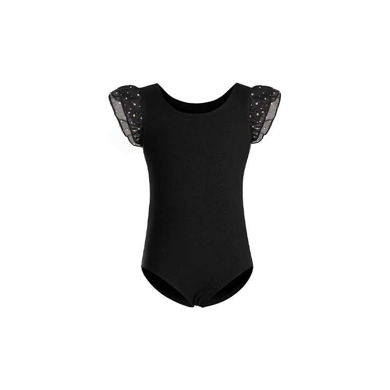 Robe de ballet à manches à volants pour filles, justaucorps de danse avec encolure ronde et design brillant, robe de danse adaptée à l'entraînement en groupe
