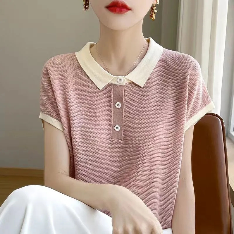 T-shirt femme 2025 été mode réduction de l'âge dame T-shirt tempérament Version coréenne col POLO dames hauts tricotés