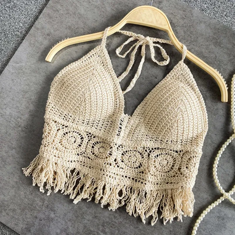 Sexy Boho plage vacances Camisole licou femmes Crochet tricot maillot de bain soutien-gorge dos nu gilet creux gland débardeur femmes hauts courts