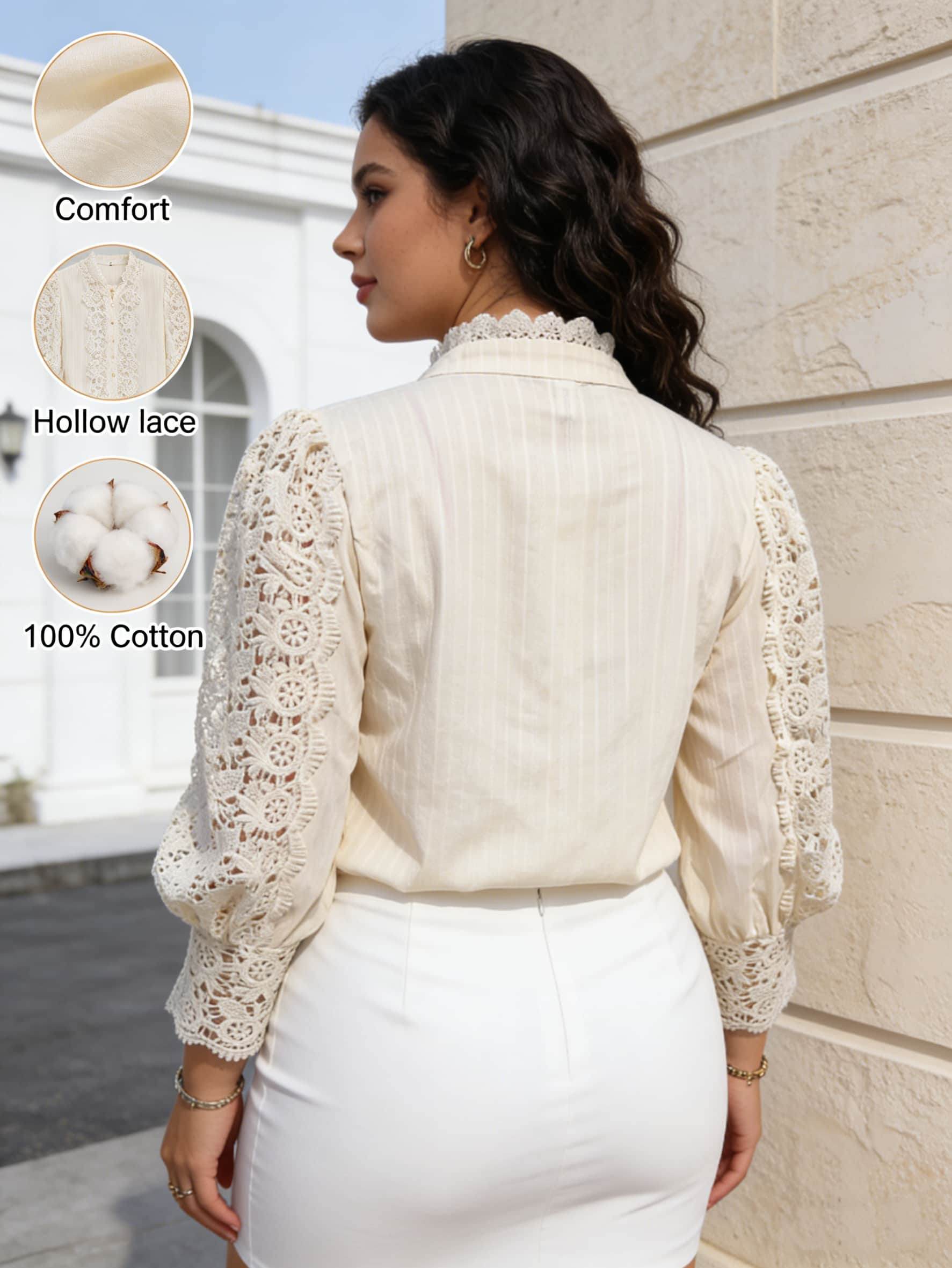 Chemisier élégant en dentelle pour femme, col montant, manches longues bouffantes, boutonné, haut de fête élégant, vêtements grande taille pour femme, haut de bureau