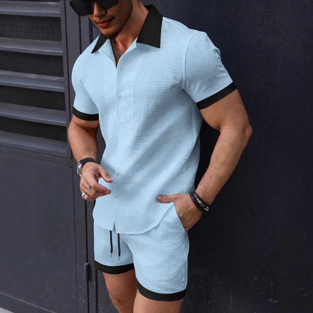 Ensemble assorti tendance pour homme : chemise jacquard à manches courtes en lin et short, ensemble 2 pièces, style plage hawaïenne, ensemble décontracté pour homme, ensemble 2 pièces