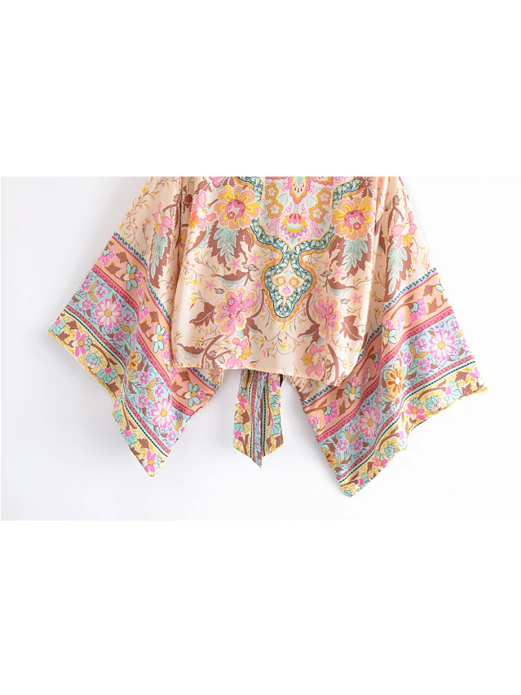 Kimono court imprimé floral paon pour femme, manches chauve-souris, coton rayonne, mode vintage, robe de plage pour femme, bikini Boho, couvertures