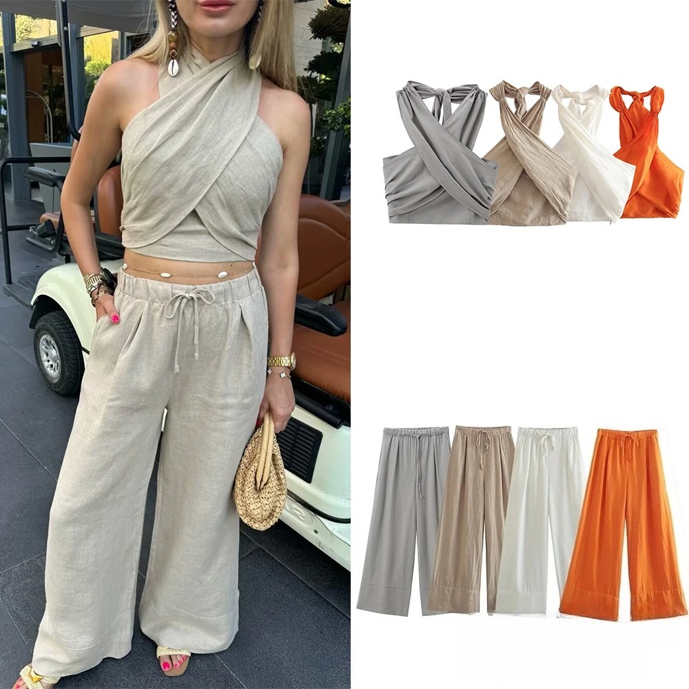 KONDALA Streetwear kaki costumes femmes sans manches licou Sexy haut court femmes + taille haute pantalon à jambes larges mode 2025 ensembles