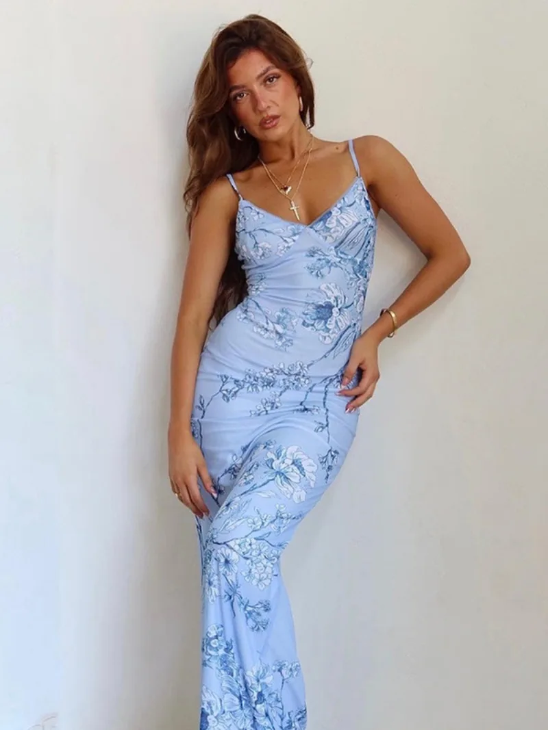 Robe verte d'été à imprimé Floral pour femmes, mode décontractée, sans manches, col en v, dos nu, tunique moulante, robes de plage, de vacances, Streetwear