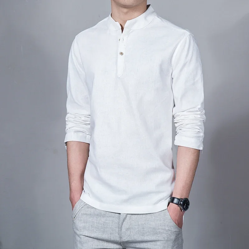T-shirt en lin à manches longues pour hommes, col montant, chemise de base mince, t-shirts Y et t-shirts, mode masculine, vêtements de printemps