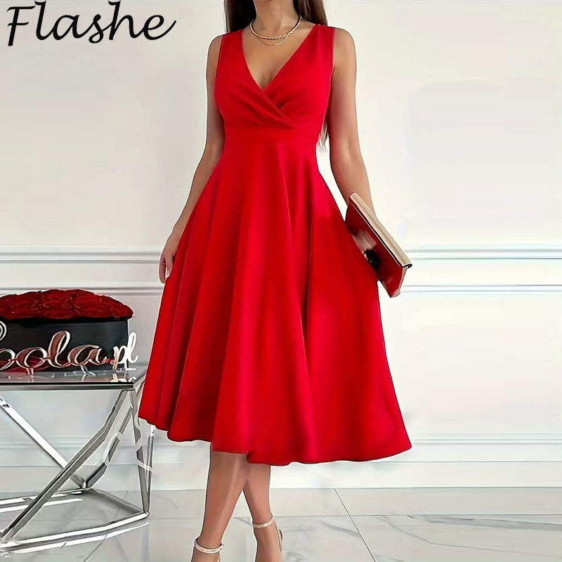 Femmes élégantes sans manches robe longue femmes mode col en V a-ligne robe de soirée rouge robes de soirée robe d'été