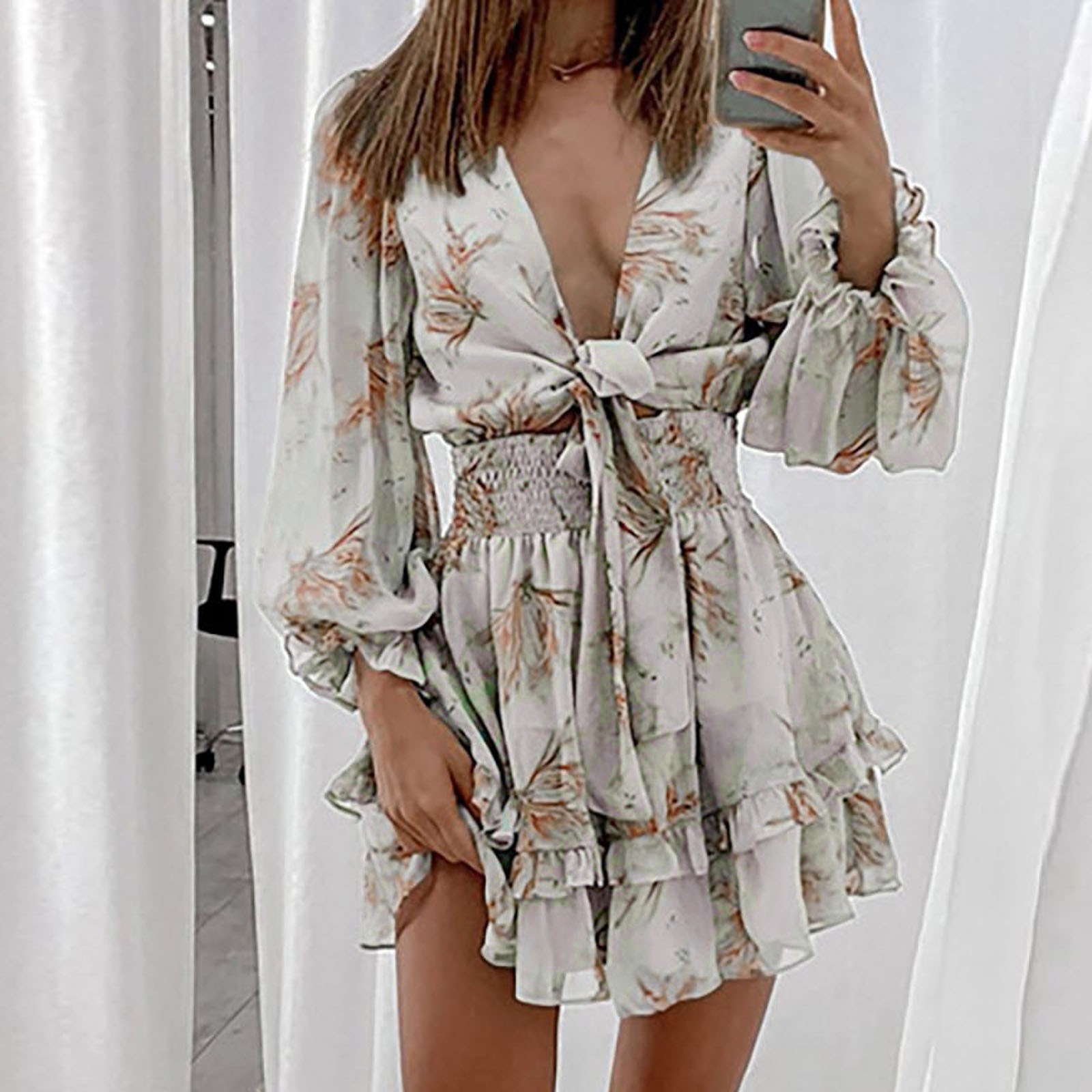 Femmes élégantes robe en mousseline de soie imprimé fleuri volants ourlet à manches longues Mini robes cravate noeud col en v taille haute moulante tenue décontractée