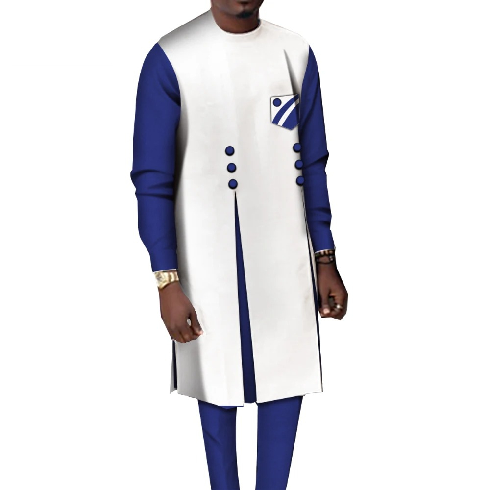 Ensemble 2 pièces en coton pour hommes, vêtements africains décontractés, chemise haute et pantalon, patchwork, WYN1068
