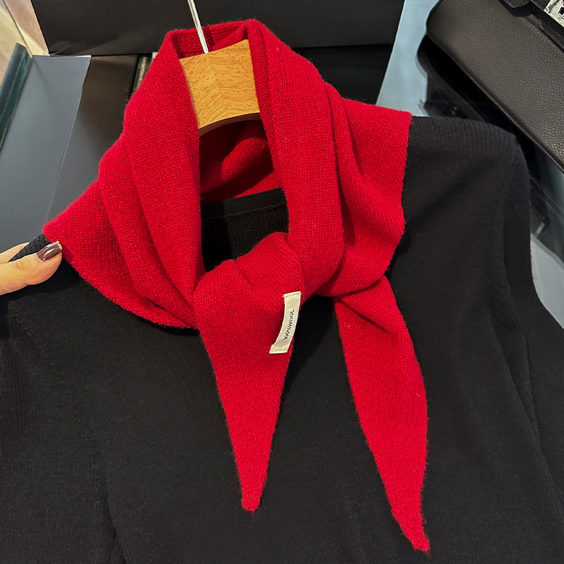 Écharpe tricotée rouge pour femme, 100% laine, chaude, couleur unie brillante, châle épais, Triangle doux, col Pashmina, nouvelle collection hiver