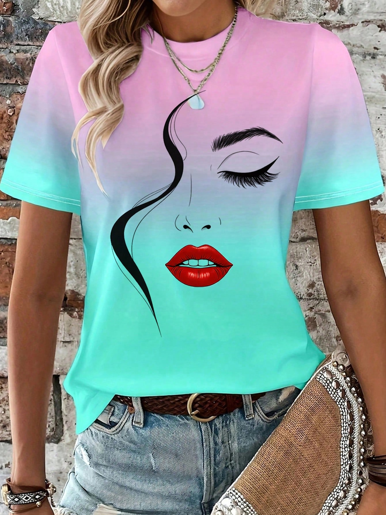 T-Shirt femme abstrait visage ligne Art graphique imprimé hauts décontracté col rond manches courtes T-Shirt été en plein air mode femme vêtements