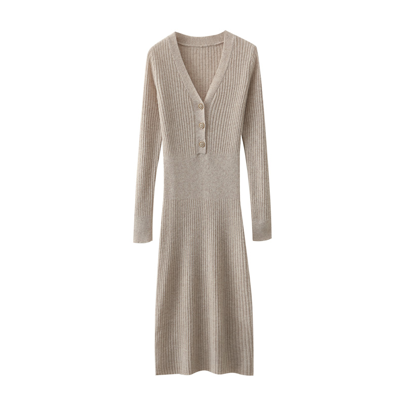 Femmes 100% laine mérinos robe mi-longue pull automne hiver col en v avec boutons pull bas tricots dame robe mince