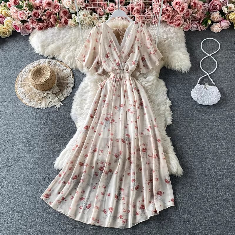 Robe longue en mousseline de soie à imprimé floral bohème pour femmes, robe de plage sexy à col en V et manches courtes, robe d'été pour les vacances, Vestidos
