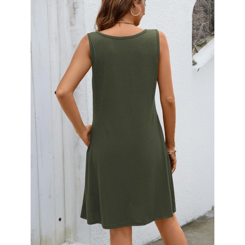 Robe trapèze à trois boutons pour femmes, couleur unie, col en v, sans manches, décontractée et confortable, à la mode
