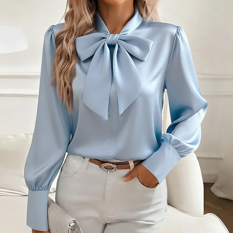 Mode à manches longues chemise en soie femmes mode printemps automne nouveau chemisier en Satin femmes nœud bureau hauts pull