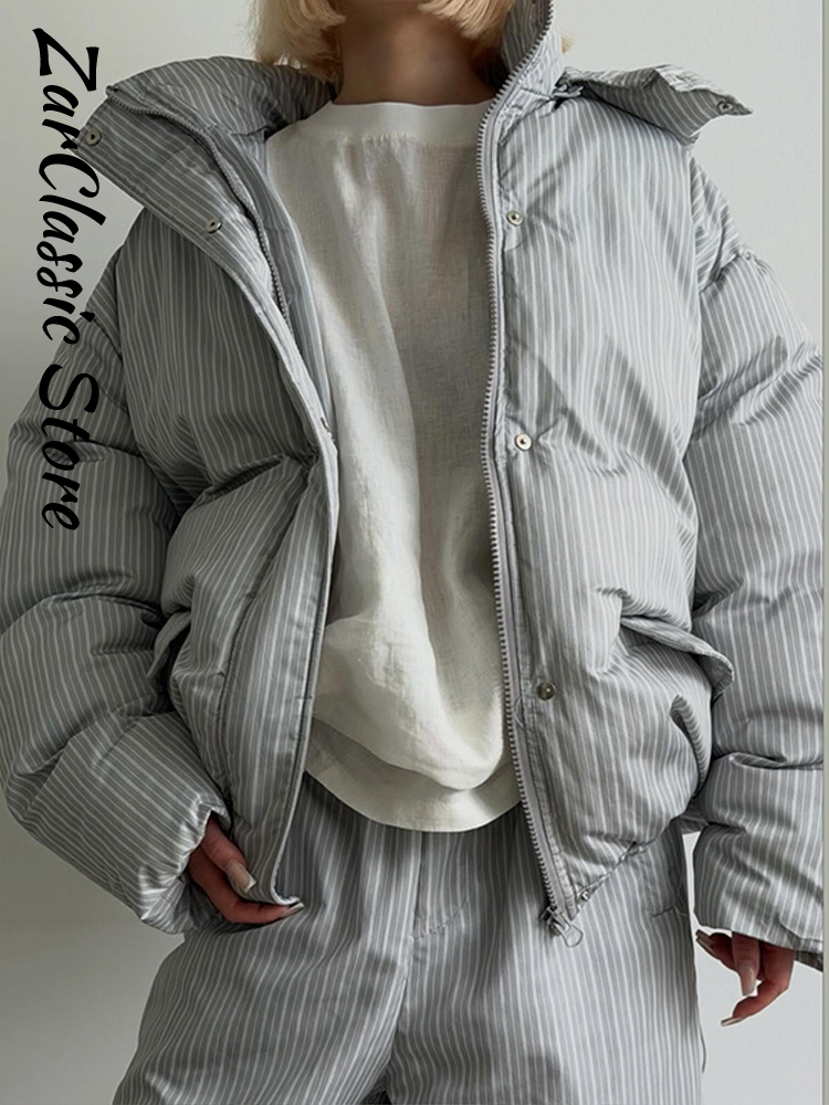 Ensemble décontracté pour femme : Manteau rembourré en coton à rayures, veste à capuche zippée à manches longues et pantalon à taille élastique – Collection Hiver 2026