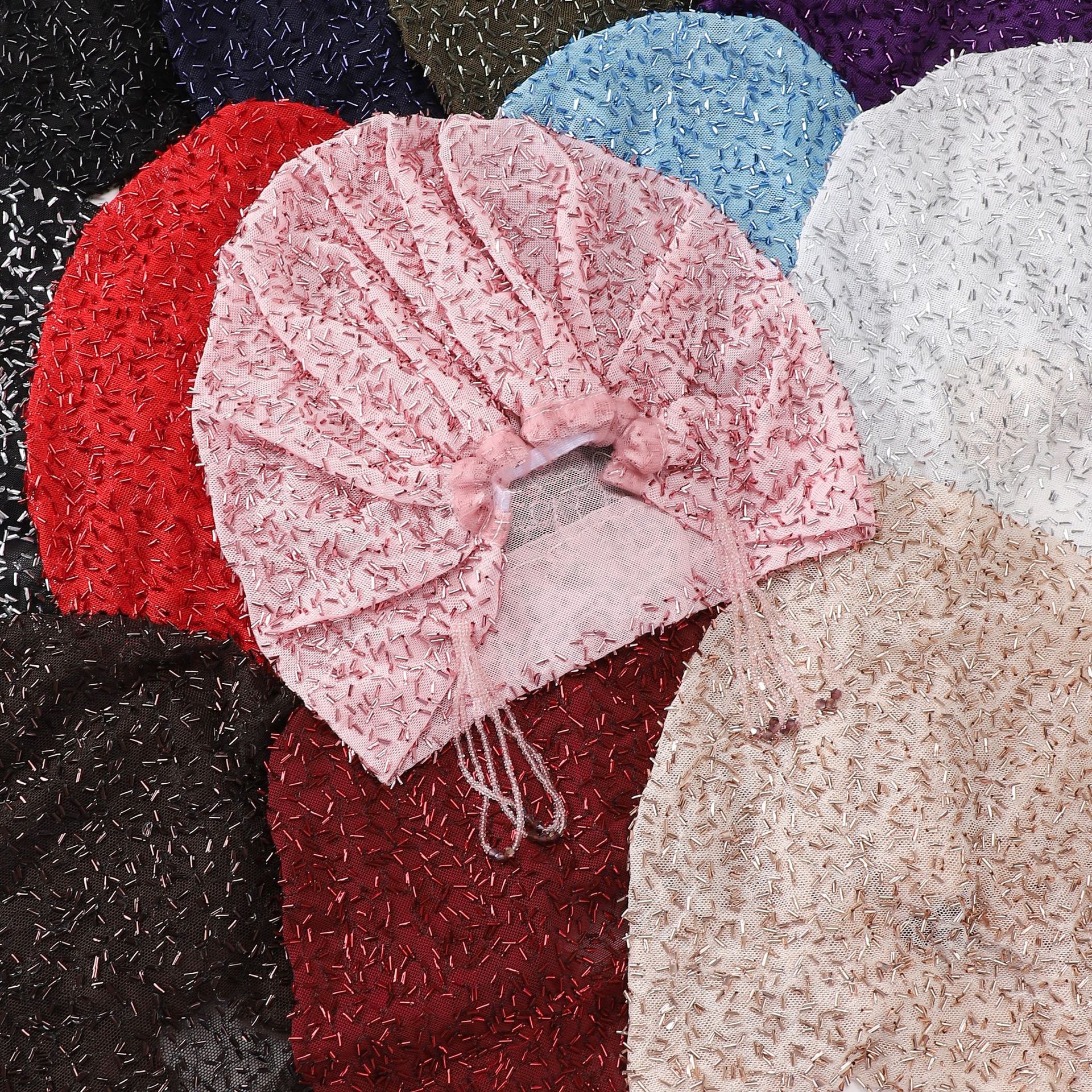 Bonnet de prière musulman à pampilles et perles, en maille élastique, scintillant, pour femmes islamiques, bonnet chimio, couvre-chef.