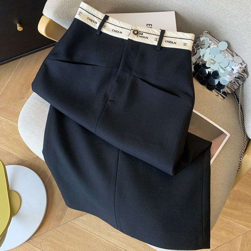 Jupe midi noire taille haute pour femme, jupe crayon moulante avec ceinture contrastante, jupe élégante pour le bureau
